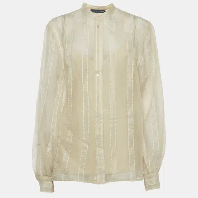 Pre-owned Ralph Lauren Cream Striped Organza Sheer Blouse L In White