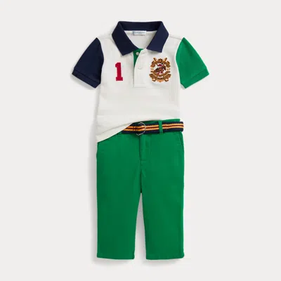 Ralph Lauren Babies'  Crest Mesh Polo Shirt & Twill Pant Set In Animal Print