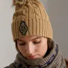 Ralph Lauren Crest-patch Pom-pom Cable-knit Beanie In Brown