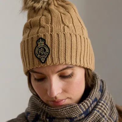 Ralph Lauren Crest-patch Pom-pom Cable-knit Beanie In Brown