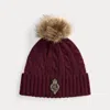 Ralph Lauren Crest-patch Pom-pom Cable-knit Beanie In Burgundy