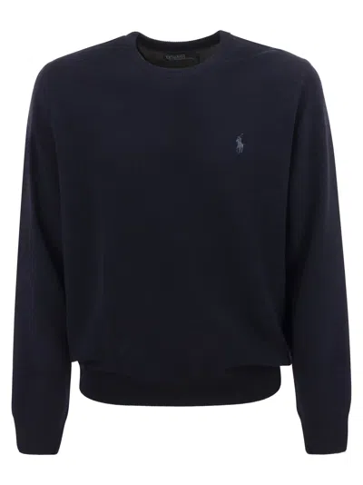 Polo Ralph Lauren Merino Wool Crew Neck Sweater With Embroidered Logo And Ribbed Detailing In Blue