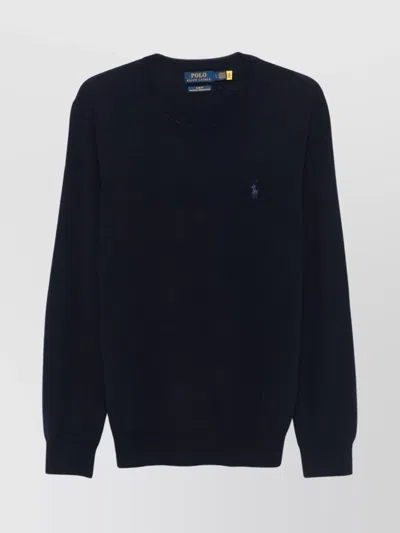 Ralph Lauren Crew Neck Wool Sweater With Ribbed Trim In Black