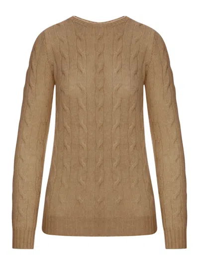Ralph Lauren Crewneck Cashmere Cable Knit Sweater In Brown