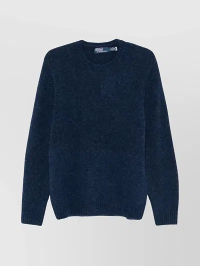 Ralph Lauren Crewneck Sweater With Brushed Effect And Suede Elbow Patches In Blue