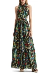 Ralph Lauren Crinkle Georgette Maxi Sundress In Black/yellow/multi