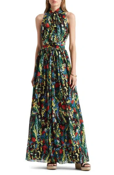 Ralph Lauren Crinkle Georgette Maxi Sundress In Black/yellow/multi