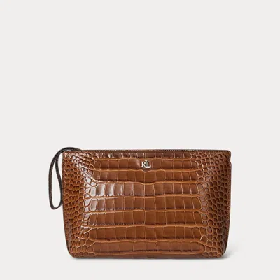 Ralph Lauren Crocodile-embossed Leather Large Pouch In Brown