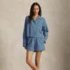 Ralph Lauren Crop Top & Boxer Poplin Pajama Set In Blue