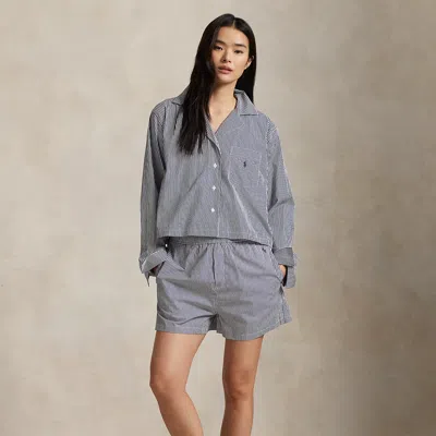 Polo Ralph Lauren Crop Top & Boxer Poplin Pajama Set In Navy Stripe In Blue