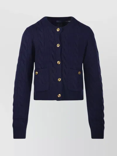 Ralph Lauren Cropped Cable Knit Cardigan With Gold Buttons In Blue