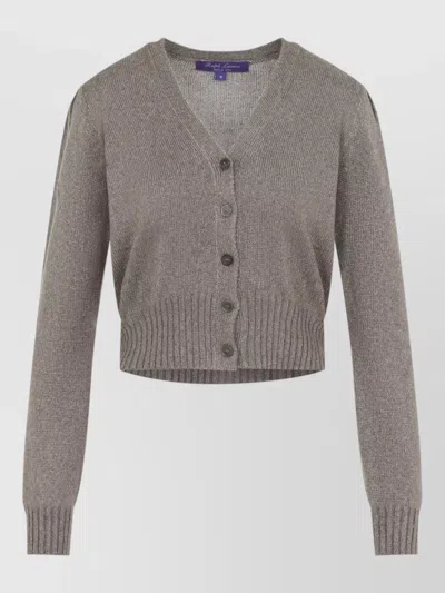 Ralph Lauren Cropped Cashmere Cardigan Long Sleeve V Neck In Gray
