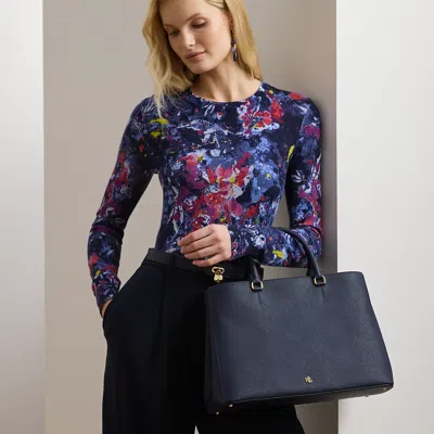 Ralph Lauren Crosshatch Leather Large Hanna Satchel In Refined Navy In Blue