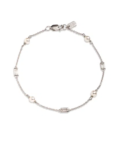 Ralph Lauren Cubic Zirconia & Imitation Pearl Sterling Silver Station Flex Bracelet In Metallic