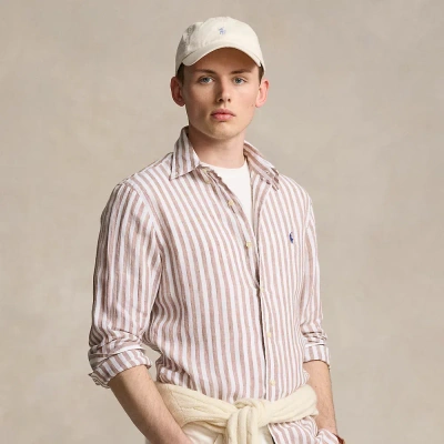 Ralph Lauren Custom Fit Striped Linen Shirt In Khaki/white
