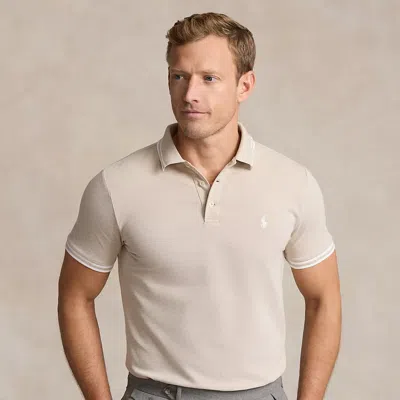 Ralph Lauren Custom Slim Fit Stretch Mesh Polo Shirt In Coastal Beige/white