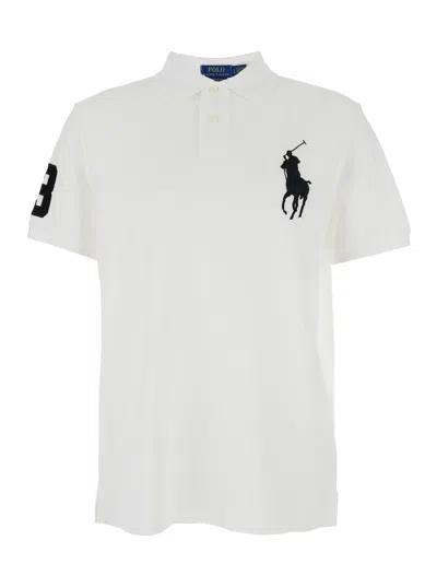 Ralph Lauren Custom Slim Fit White Polo Shirt With Pony Maxi Embroidery On The Front And Numeric Detail On The Sl