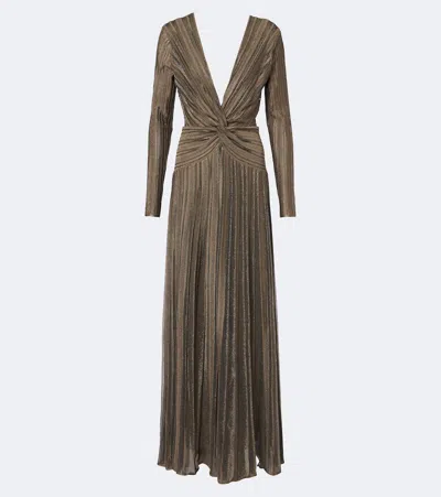 Ralph Lauren Dabney Pleated Metallic Evening Dress In Antique Brass In Brown