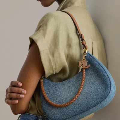 Ralph Lauren Denim Medium Marcy Zip Shoulder Bag In Oxford Blue/lauren Tan