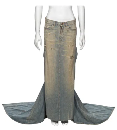Pre-owned Ralph Lauren Distressed Sand Washed Denim Maxi Skirt With Train, Ss 2003 In Brown