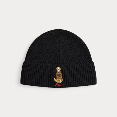 Ralph Lauren Dog-embroidered Rib-knit Beanie In Black