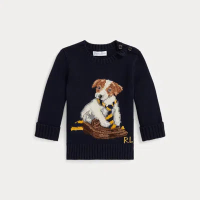 Ralph Lauren Babies'  Dog-intarsia Cotton Sweater In Blue