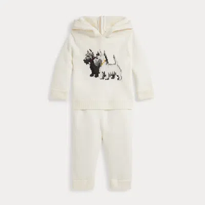 Ralph Lauren Babies'  Dog-intarsia Hooded Sweater & Pant Set In Neutral