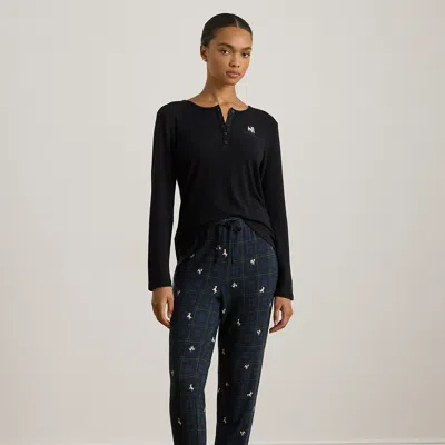 Ralph Lauren Dog-print Plaid Henley Jogger Pajama Set In Black