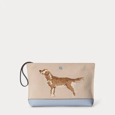 Ralph Lauren Dog-embroidered Canvas Large Pouch In Natural/canvas/alpine Blue