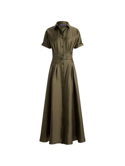 Ralph Lauren Donatella Belted Silk Shirt Midi Dress In Green