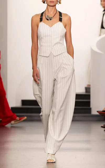 RALPH LAUREN DONNELLA PINSTRIPED COTTON-BLEND BUSTIER TOP
