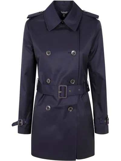 Ralph Lauren Double Breast Belt Tr 30" Lined Coat In Blue
