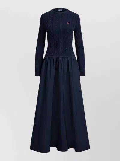 Ralph Lauren Dress Cable Knit Bodice Crew Neck Maxi In Blue