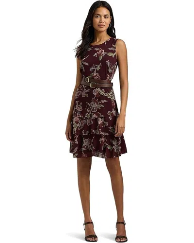 Ralph Lauren Dress Women's Red Floral Crinkle Georgette Tiered Buu179 In Multi