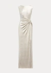 Ralph Lauren Metallic Sleeveless Side-slit Gown In Beige