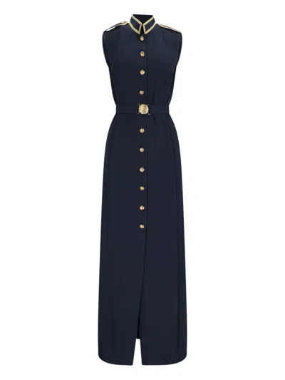 Ralph Lauren Metallic-trim Belted Georgette Gown In Lauren Navy