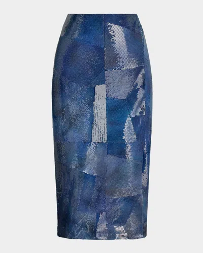 Ralph Lauren Edna Sequined Patchwork Pencil Skirt In Blue
