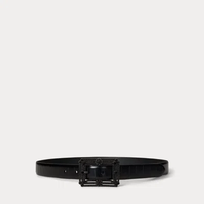 Ralph Lauren Embellished-buckle Embossed Skinny Belt In Black