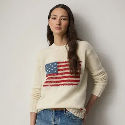 Ralph Lauren Embellished Cashmere Flag Sweater In Lux Cream In White