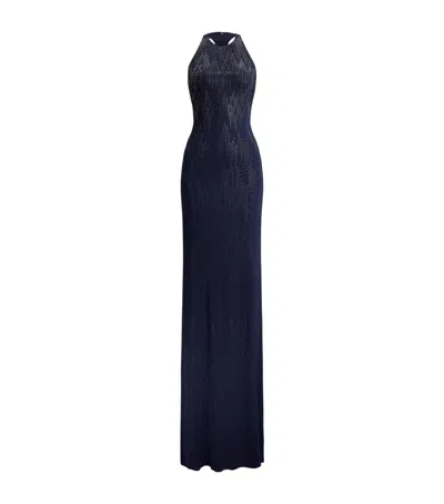 Ralph Lauren Claeton Crystal-embellished Crepe Halterneck Gown In Blue