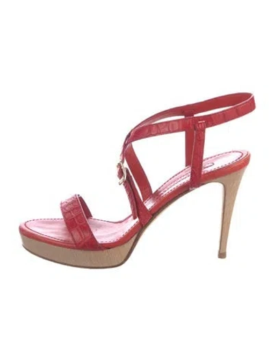 Pre-owned Ralph Lauren Embossed Leather Animal Print Sandals In Red
