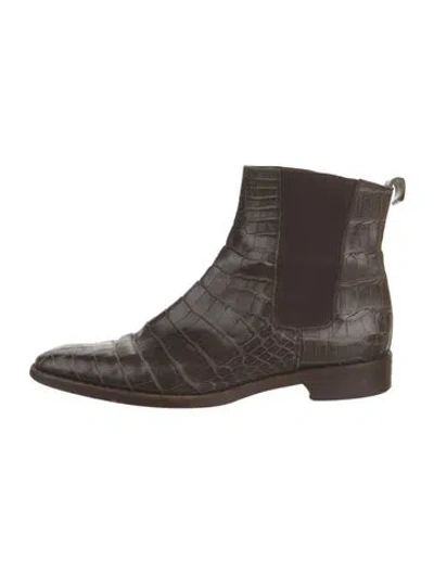 Pre-owned Ralph Lauren Embossed Leather Chelsea Boots In Brown