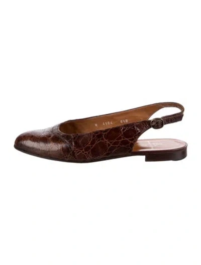 Pre-owned Ralph Lauren Embossed Leather Slingback Flats In Brown