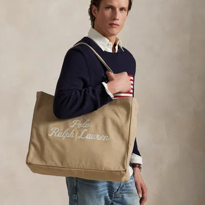 Polo Ralph Lauren Embroidered Canvas Tote In Tan In Brown
