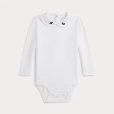 Ralph Lauren Babies'  Embroidered-collar Cotton Bodysuit In White