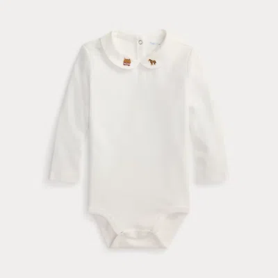 Ralph Lauren Babies'  Embroidered-collar Cotton Bodysuit In Neutral