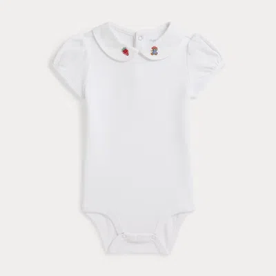 Ralph Lauren Babies'  Embroidered-collar Cotton Bodysuit In White