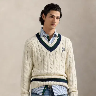 Ralph Lauren Embroidered Cotton-blend Cricket Sweater In Brown