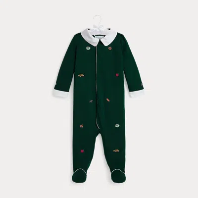 Ralph Lauren Babies'  Embroidered Cotton Interlock Coverall In Green