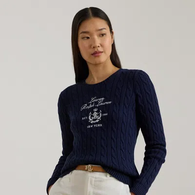 Ralph Lauren Embroidered-crest Cable-knit Sweater In Blue